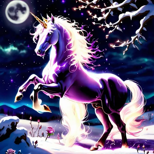Prompt: A unicorn amethyst iridescent and clear in color whose body is made of lighting bolts and glittering roses in the dead of winter glowing luminously under the full moon