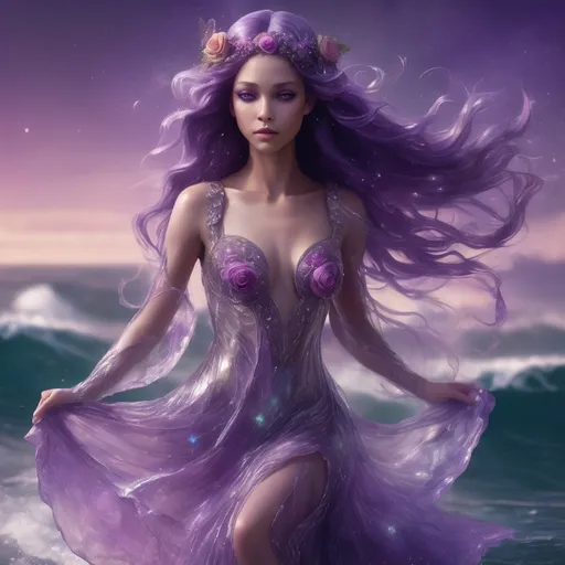 Prompt: A gorgeous amethyst fairy with hair made of fairydust long purple and flowing with amenlythest gems all un her hair,  she is gracefully riding a stardust pegus gracefully in the ocean wave and  She is wearing a breathtaking transparent glass dress reflecting the waves, adorned with intricate watermark patterns that resemble metallic glowing roses