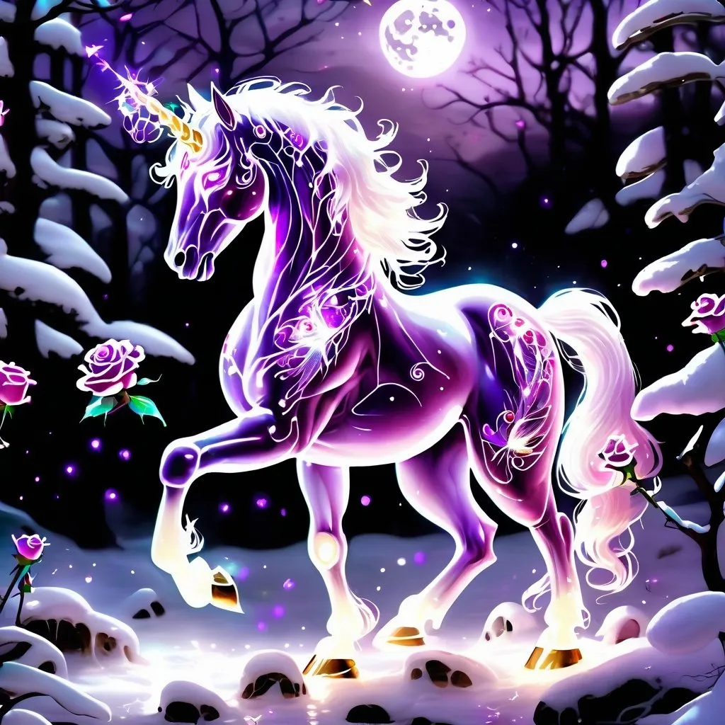 Prompt: A clear transparent amethyst unicorn whose body is made of lighting bolts and glittering roses in the dead of winter glowing luminously under the full moon