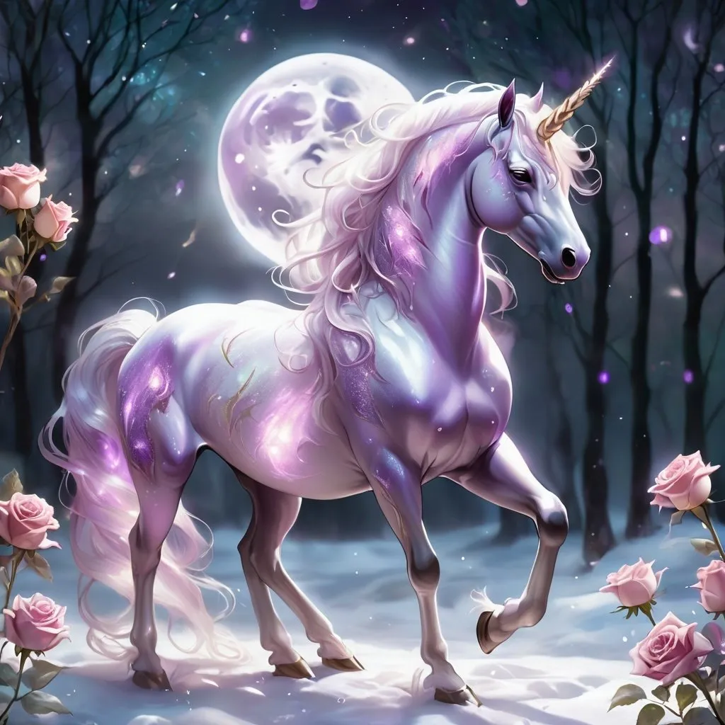 Prompt: A unicorn amethyst iridescent and translucent in color whose body is made of lighting bolts and glittering roses in the dead of winter glowing luminously under the full moon