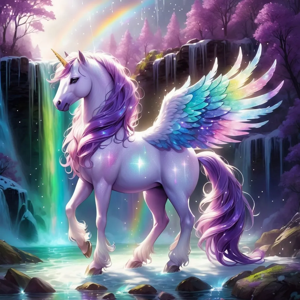 Prompt: a rainbow purple pegusas whose body is made of pure stars and sparkles  its mane and tail are made of celestial ice her wings are translucent rainbows shes playing by a half frozen waterfall at midnight with lighting lighting up the scene around them and glitter raining down