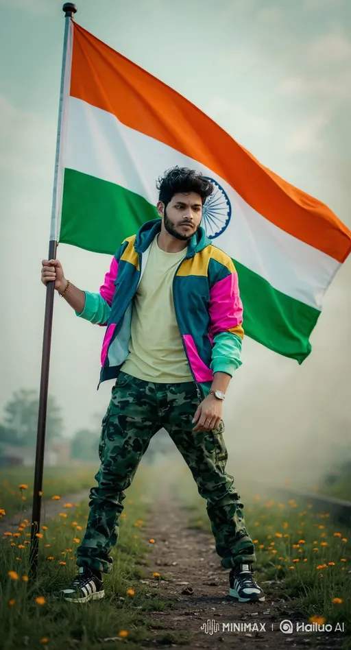 Prompt: 
Generate 4K dslr image of A young man(same person in image and exactly same facial feature) stands in a wide, dynamic stance, gripping a flagpole as a massive Indian tricolor billows behind him, filling the frame. He’s angled slightly side-on, leaning forward with one arm extended for balance, which emphasizes motion and resolve. The backdrop is a hazy, smoke-laden expanse that softens the sky and makes the saffron, white with the navy Ashoka Chakra, and