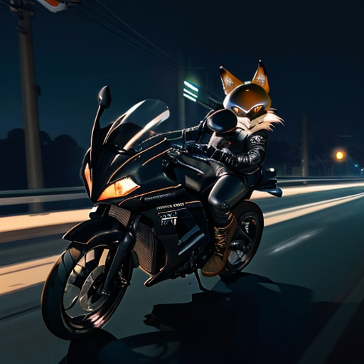 Prompt: Fox on motorcycle in black helmet during night