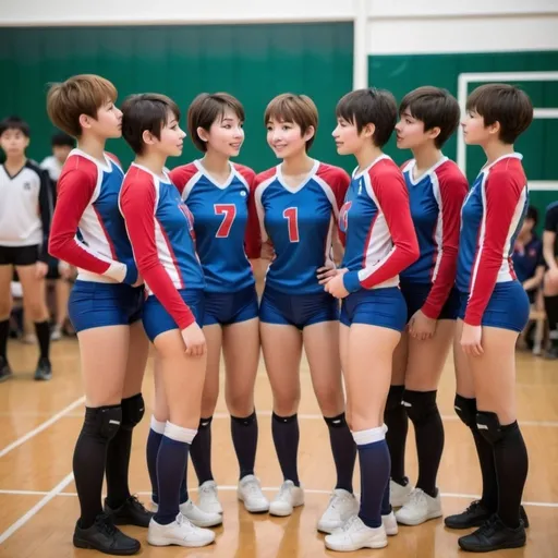 Prompt: Four boys and girls with short hair, earings, kissing in mini shorts spandex shiny playing volleyball into the school, big butts, full body atlethic 