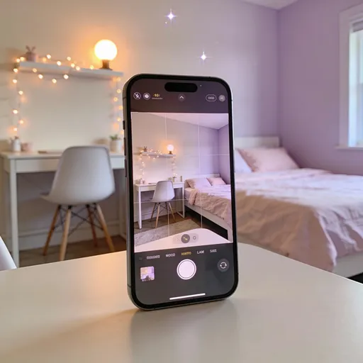Prompt: trendy girly bedroom filmed like a female streamer setup,
vertical smartphone camera slightly off-center facing the bed,
bed placed against the back wall with soft pastel bedding,
a small desk and chair beside the bed creating depth,
warm cream or light lavender wall tone,

soft decorative fairy lights on the wall or shelf,
not neon, not bright, subtle warm glow,
single main warm light source with gentle sparkle highlights,
background softly illuminated, cozy and inviting,

foreground depth from desk edge or chair,
midground bed, background wall with soft light texture,
cute but mature, cozy, feminine, trendy,
feels like a modern girl’s room people want to stay in,

realistic smartphone photo,
slight softness, gentle contrast,
instagram / tiktok aesthetic,
visually pleasing enough to stop scrolling