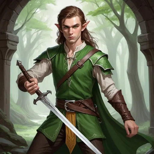 Prompt: Draw a Dungeons and Dragons character Woold Elf Tharin based on this prompt. He is using a long sword. He has brown hair, white skin, and green eyes. He is also extremely attractive. 
