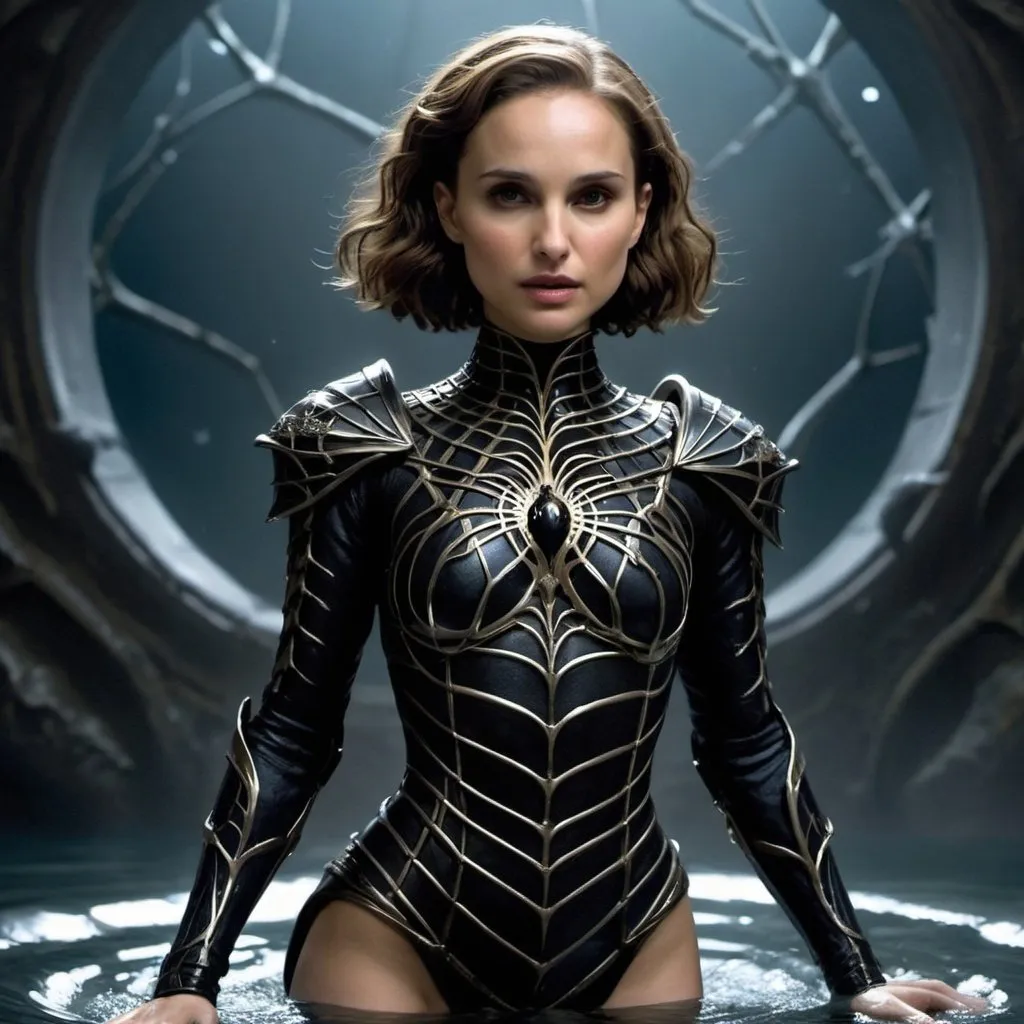 Prompt: Natalie Portman, wearing scale armor, Lolth was a goddess of cold cruelty,  spider lower torso, being duplicated, sinking in a whirlpool, vortex, wormhole