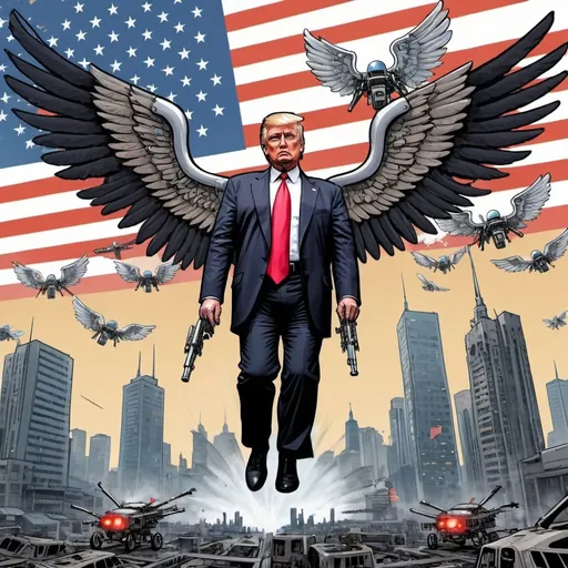 Prompt: Donald Trump, Terminator, art, comic book style, cartoon, clockwork machine, ANGEL WINGS, city skyline, US flag flying behind him Flying through the air over the USA, destroying Chinese drones.