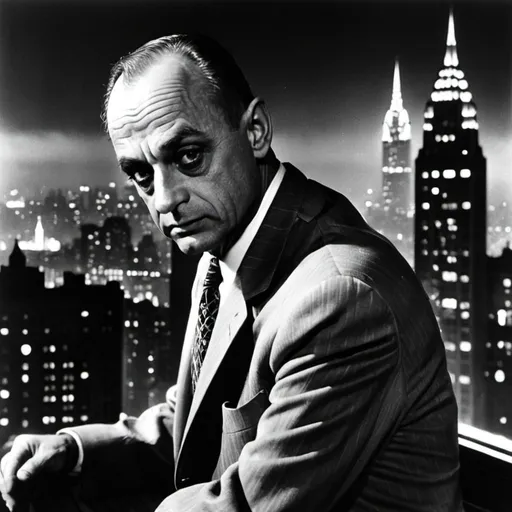 Prompt:  Roy Cohn, overlooking Gotham city, Derk Knight, Bat Man