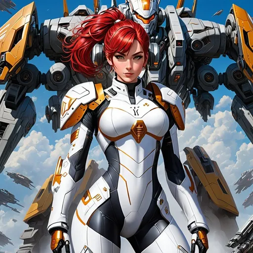 Prompt: Generate a highly detailed female mech pilot in a sci fi universe. She is a young, yet powerful mech pilot. She has red hair in a ponytail. She has an athletic build. Describe her wearing the traditional white and steel military jumpsuit adorned with ornate filigree. Detail her facial features, portraying a mix of determination and serene devotion. Serious. Noble. Beautiful. Anime like features. She is standing in front of a jaeger mech. Use a cyber punk edge runner theme. She is holding a rapier.