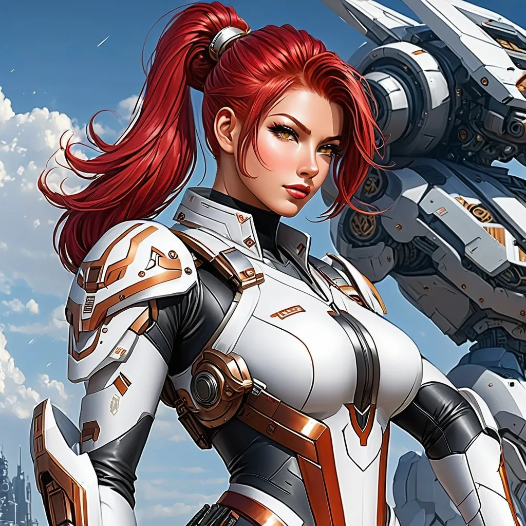 Generate a highly detailed female mech pilot in a sc...