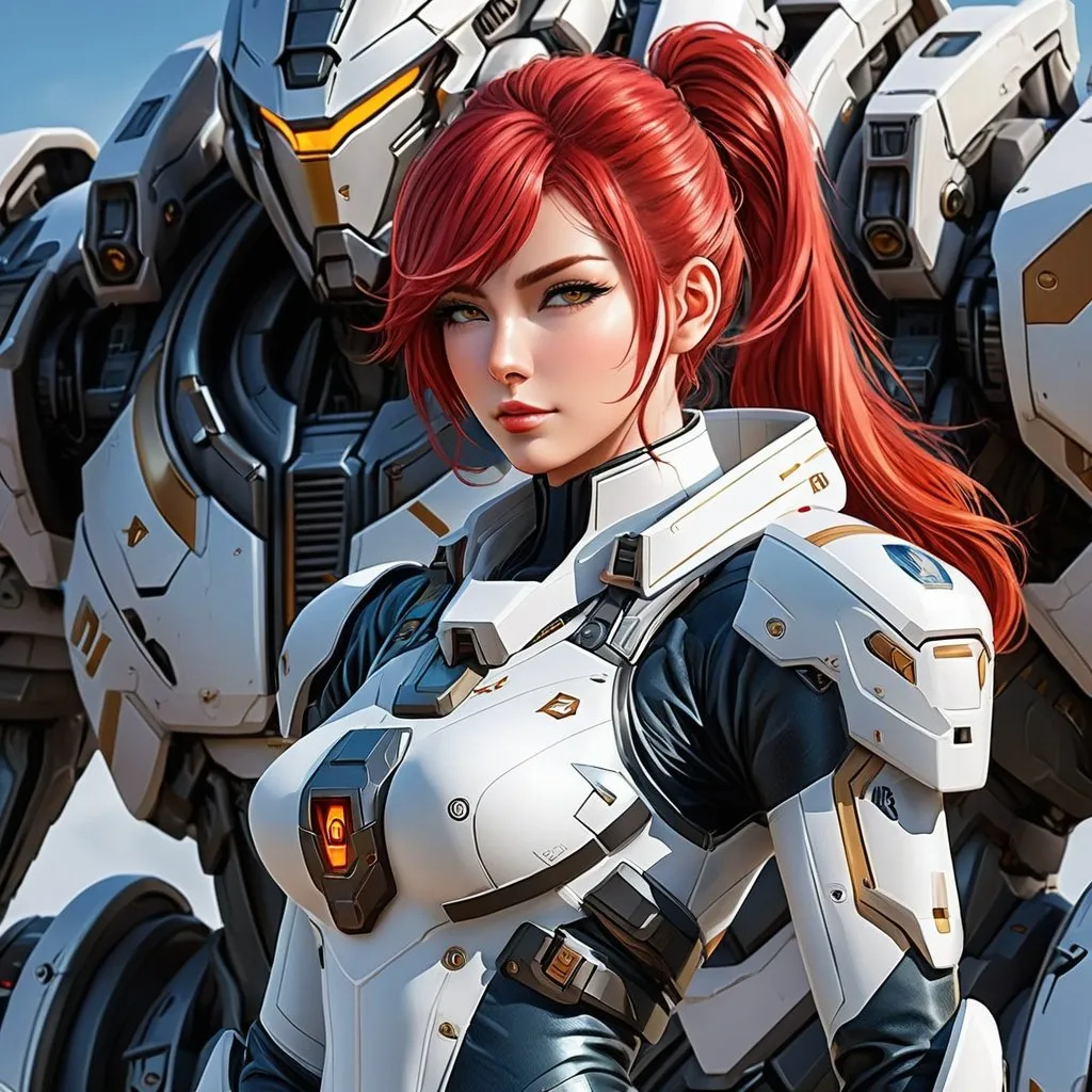 Generate a highly detailed female mech pilot in a sc...