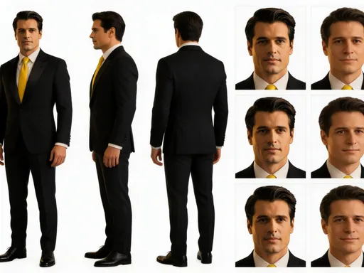 Prompt: photorealistic character turnaround sheet of the same person from the reference image,
exact same face, hairstyle, and proportions,
full body views arranged on a clean studio reference sheet,
front view, side view, back view, 3/4 view,
clean neutral pose,
expression sheet with multiple facial expressions,
professional animation reference board,
white background, evenly spaced poses,
consistent character design

doe hem een tuxido aan met een gele strik

neutral standing pose, relaxed arms,
consistent lighting and camera angle for every view,
professional film character reference sheet,
highly realistic human skin texture,
NORMAL body proportions,
studio lighting,
clean white background,
cinematic realism,
ultra detailed, high resolution