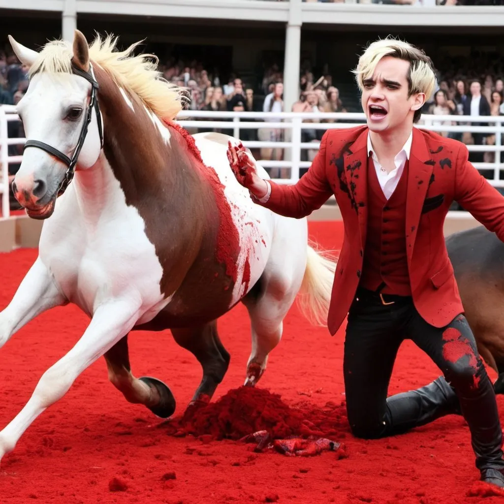 Prompt: brendon urie horse fighting ross lynch horse blood everywhere 