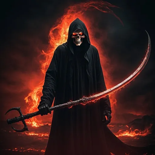 Prompt: Grim reaper, dark and eerie atmosphere, fiery red and deep black tones, haunting background, high quality, digital art, infernal, sinister, menacing, intense lighting, detailed scythe, ominous presence, eerie glow, demonic, hellfire, shadows, spooky, inferno, dramatic, haunting