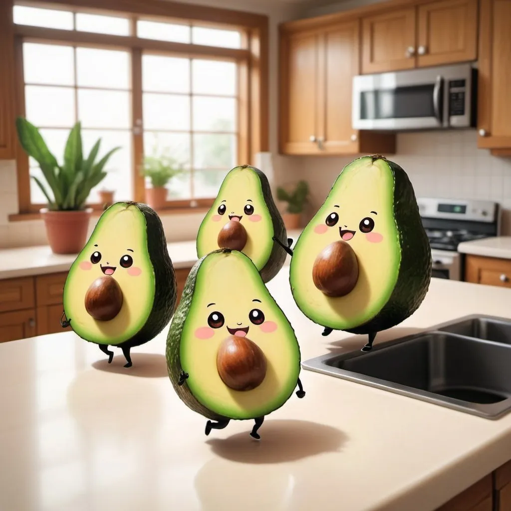 Prompt: Cute Anime avocados running around a kitchen counter.