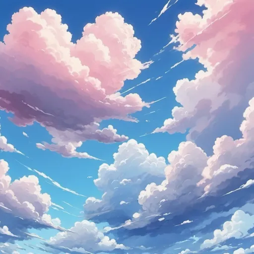 Prompt: Anime bright blue sky with smiling and blushing clouds.