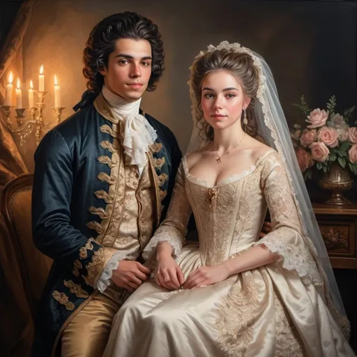 Prompt: Wedding couple from 1700s, oil painting, elaborate historical attire, detailed lace and embroidery, soft and romantic, luxurious colors, candlelit setting, intricate hairstyles, high quality, oil painting, romantic, 1700s, detailed attire, soft lighting, historical, luxurious colors, romantic setting