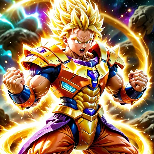 Prompt: (Halo chief captain) transforming into (Super Saiyan) from (Dragon Ball Z), surrounded by a dazzling aura of (golden light), showcasing intense energy and power, (dynamic pose) in action, (vibrant colors) enhancing the epic theme, set against a cosmic backdrop with swirling galaxies, featuring intense motion blur for heroism, high-energy atmosphere, ultra-detailed, 4K quality.