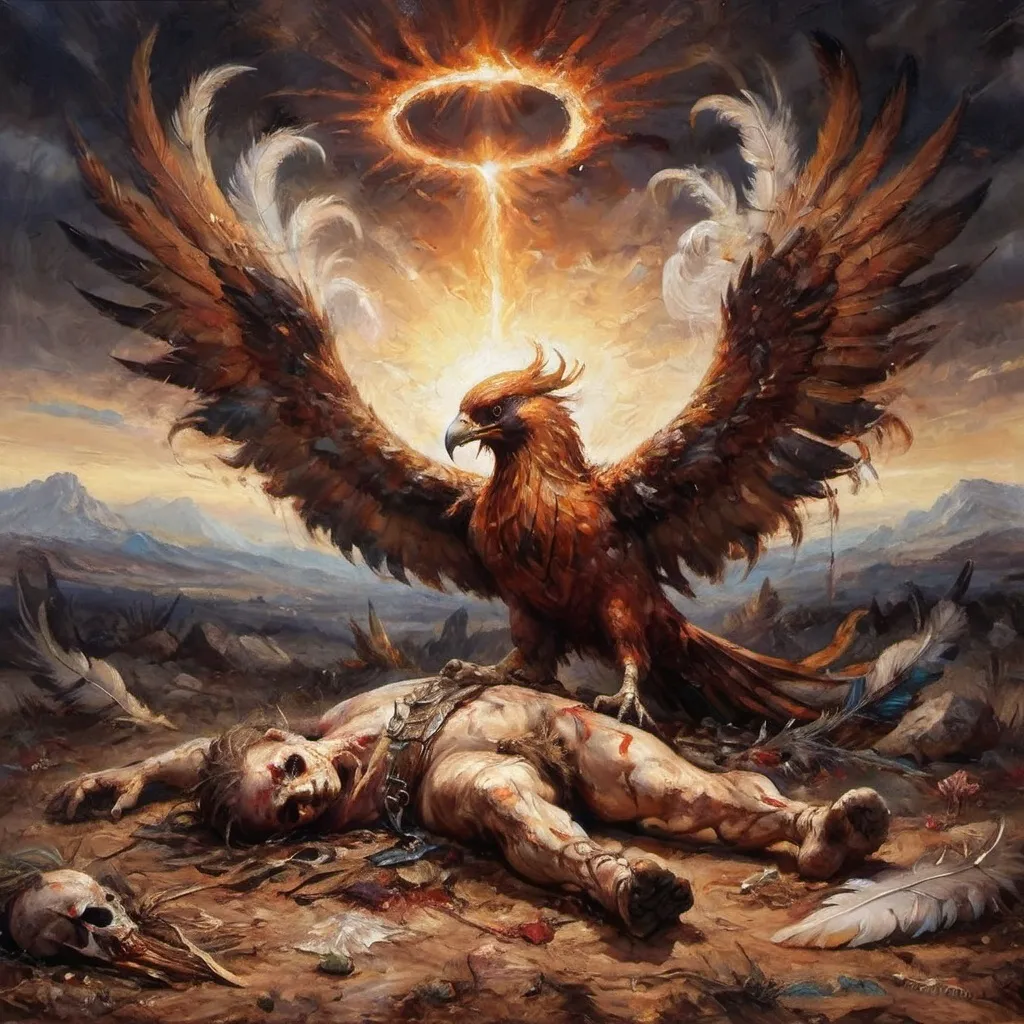 Prompt: (dead warrior body on the ground), (phoenix emerging gracefully), ethereal rebirth, dramatic contrast, somber atmosphere, vivid colors, detailed textures, illustrations of feathers, serene and haunting execution, lifeless landscape, remnants of battle, halo of light surrounding the phoenix, fantasy scene, high definition, ultra-detailed, cinematic masterpiece.