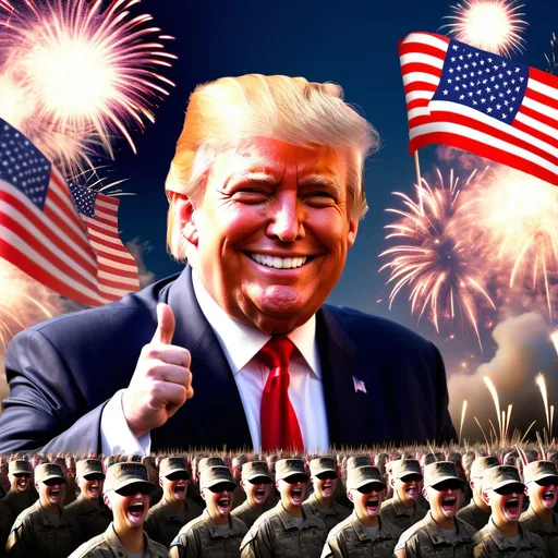 Prompt: Army of Donald trump clones 2024 presidential victory march, smiling, happy, celebration, fireworks, patriotism, realism, photograph