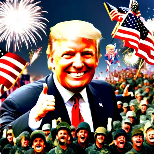 Prompt: Army of Donald trump clones 2024 presidential victory march, smiling, happy, celebration, fireworks, patriotism, realism, photograph