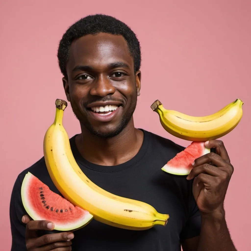 Prompt: Make a black man with a banana in the left hand and watermelon in the right hand