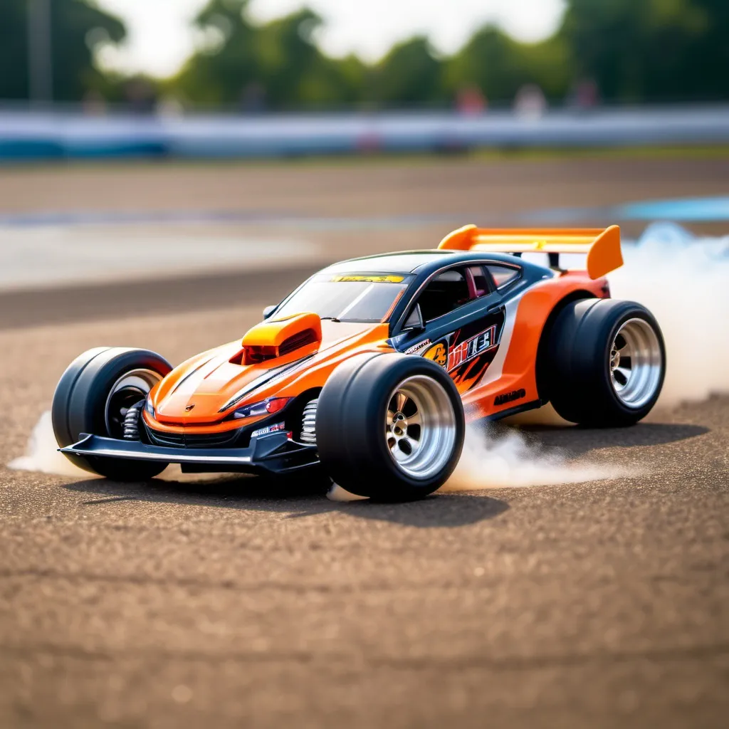 Prompt: A drifting hotwheel toy car on racing field