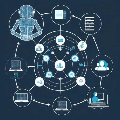 Prompt: Schematic drawing depicting the relationship between artificial intelligence services and library services for the development of academic research.