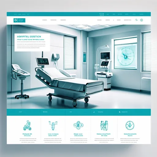 Prompt: hospital web page design, (futuristic aesthetic), showcasing a hospital bed and chairs populated within a high-tech layout, a prominently featured clock on the wall, detailed wireframe diagram, (Behance HD quality), clean lines, modern interface, vibrant color palette, sleek minimalism, engaging user experience elements, intuitive navigation. 