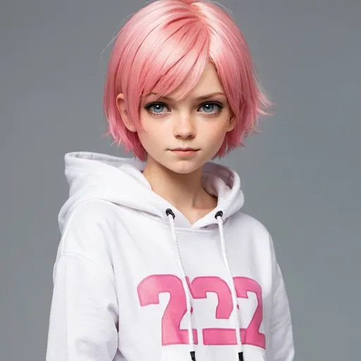 Prompt: 2d, 3rd figure female character, 12 years old, pink short hair, white hoodie, jeans,