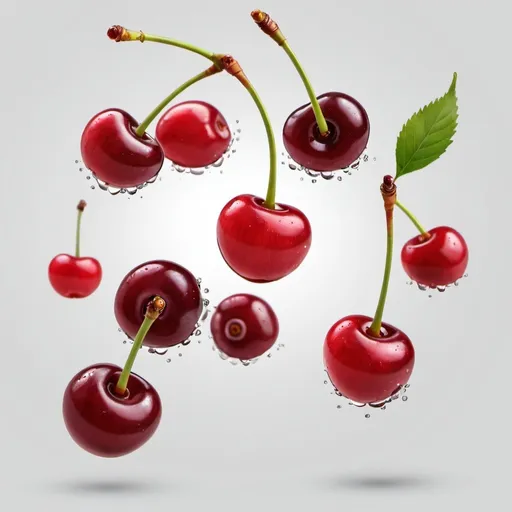 Prompt: Cherries floating in the air, isolated on transparent background