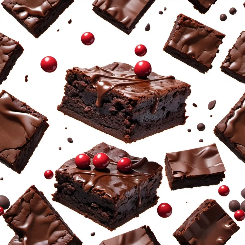 Prompt: Pieces of chocolate brownies floating or falling in mid air, isolated on transparent background