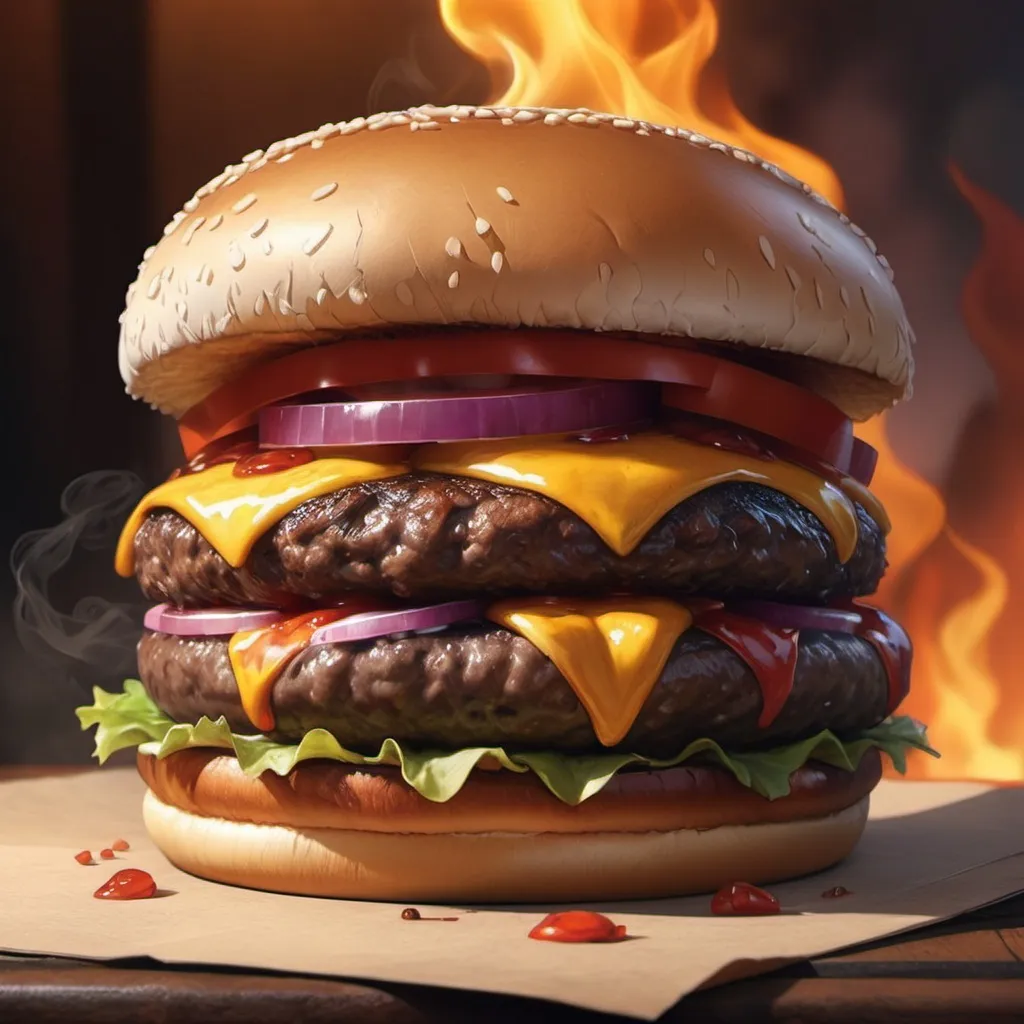 Prompt: hyper-realistic burguer, fire, fantasy, illustration, dnd, warm tone