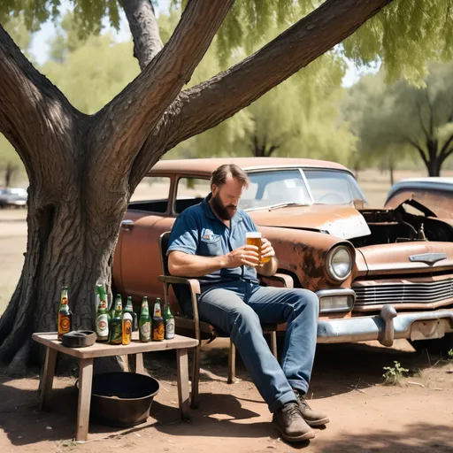 Prompt: Man with engine grease covering his hands and arms sitting in a chair under a tree drinking a beer next to an old junk car with a v8 engine hanging from the tree