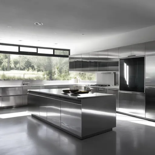 Prompt: stainless steel The screen fades in to reveal a sleek, modern kitchen. Sunlight streams through large windows, illuminating stainless steel cabinets that line the walls. The camera pans across the seamless surfaces, capturing their reflective sheen.