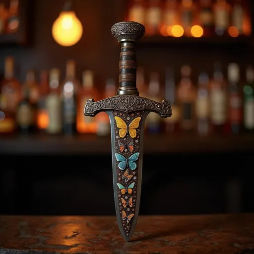 Prompt: An expensive dagger with detailed embroidery of butterflies with a dim-lit dive bar background