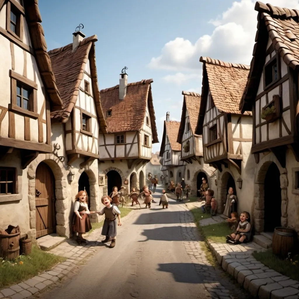 Prompt: happy village where we see a street of it with citizens (adults and children) laughing and having fun. it must be fantasy. the perspective of the image is tilted at 30° relative to the horizon in addition the characters must come from the Middle Ages