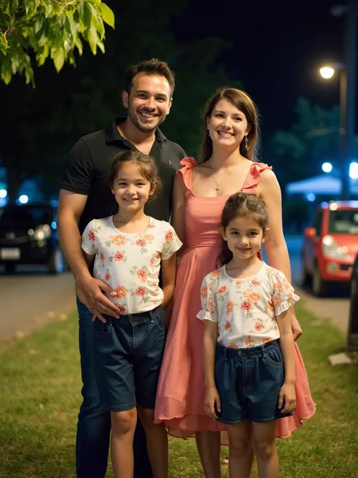 Prompt: Under the soft glow of evening lights, a family of four gathers for a cheerful photo, surrounded by lush greenery and the hint of a bustling night atmosphere. The father stands proudly behind his wife, who smiles warmly in a pink dress, while their two daughters, both wearing playful outfits with floral patterns, pose in front with bright expressions, showcasing excitement and joy. The scene captures a moment of togetherness, enhanced by the vibrant colors of their clothing and the warm ambiance of the outdoor setting, hinting at a delightful outing. With vehicles parked in the background, the image conveys a sense of leisure and family bonding on a pleasant night.