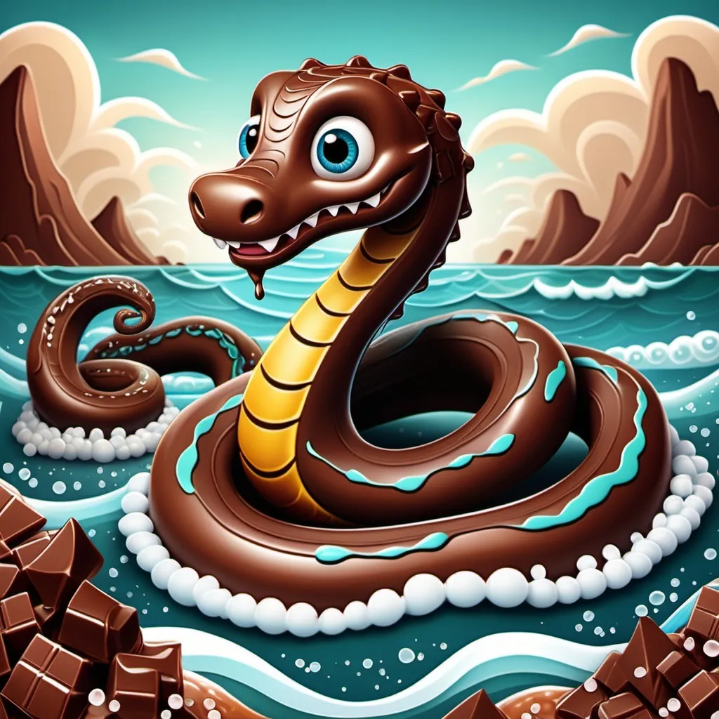 Prompt: Highly detailed chocolate and sea salt serpent cartoon 