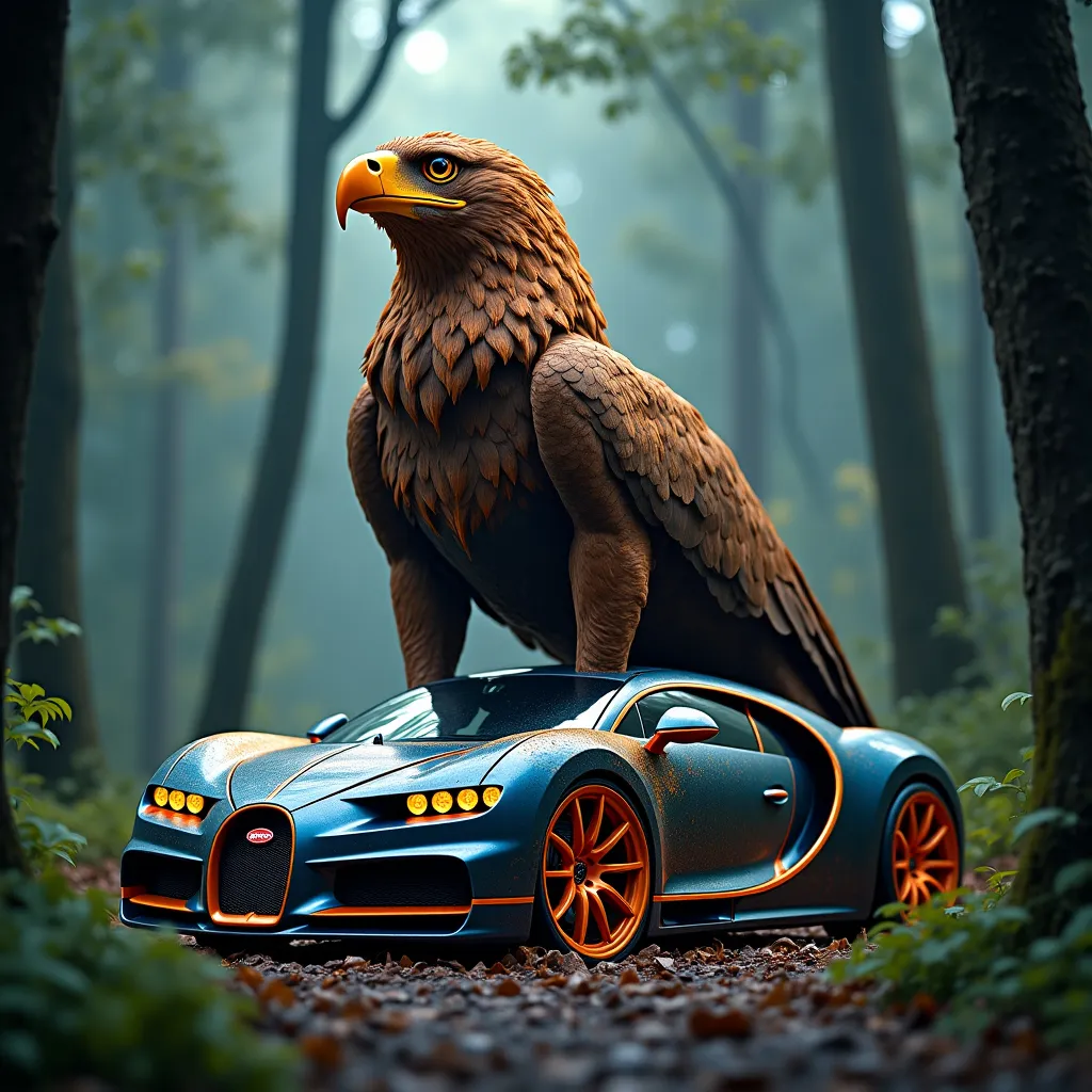 Prompt: Eagle-lion hybrid in a mystical forest, animal hybrid of an Bugatti and a toyota, mix of toyota and Bugatti, high quality, atmospheric lighting