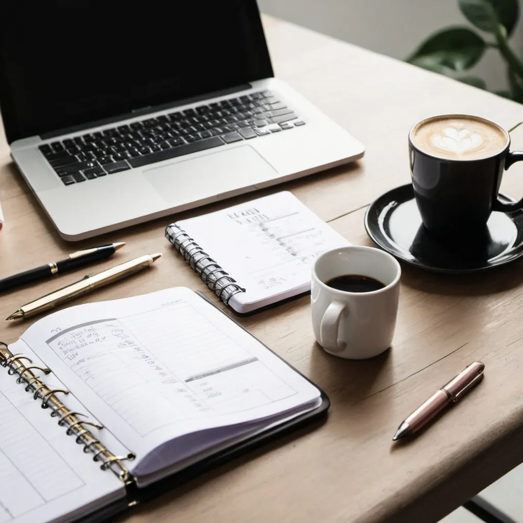 Prompt: A table with different planners, laptop and coffee mug