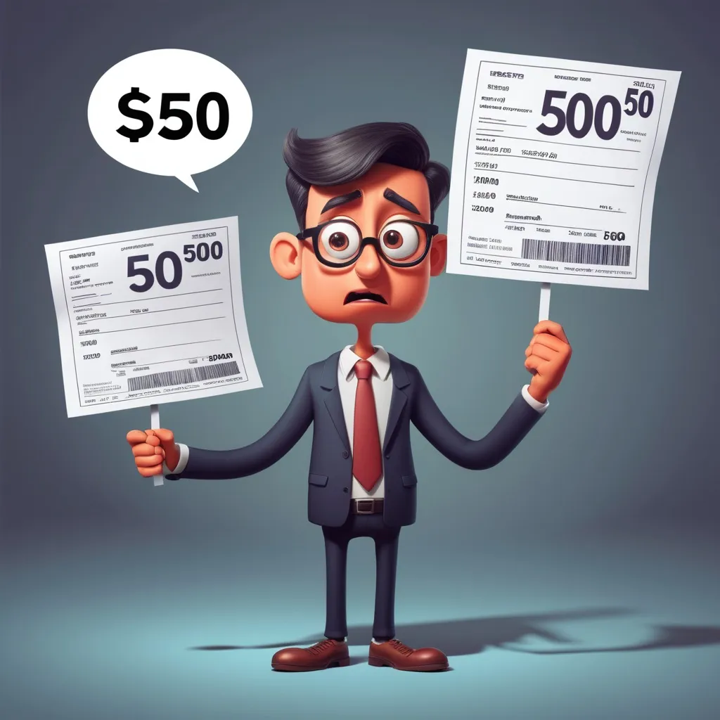 Prompt: A cartoon character looking confused, holding a Rs. 500 receipt, while a giant Rs. 500 sign looms behind them, showing the mismatch. Content in the image should be in English. Image should be suitable for educating into accounting subject.