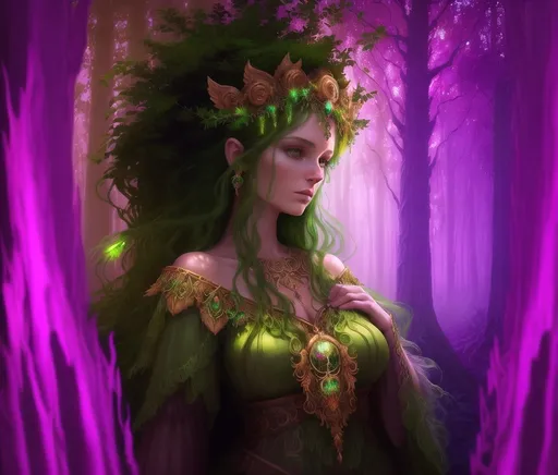 Prompt: Majestic digital painting of Mielikki, goddess of the forest, lush and vibrant colors, ethereal glow, enchanting atmosphere, intricate nature details, flowing emerald green gown, mystical woodland setting, radiant divine aura, high quality, detailed digital painting, fantasy, nature, goddess, vibrant colors, ethereal glow, mystical, enchanting, intricate details, woodland setting, divine aura