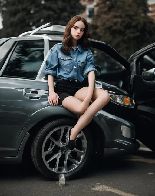 Prompt: young woman next to her car photo frame on the hairstyle