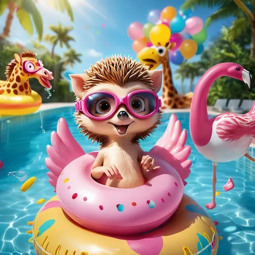 Prompt: Slogan should say, Jump into summer!. A hedgehog in a flamingo pool ring float and snorkel mask and goggles jumping into a pool. Include a Giraffe lifeguard in the scene