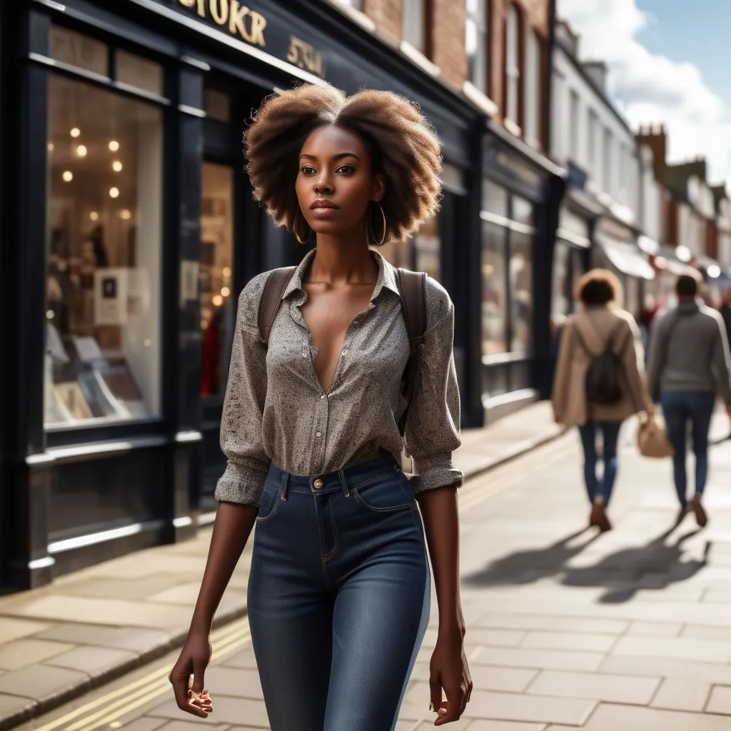 Prompt: Tall young black 
woman walking down the high street, detailed clothing, realistic, natural lighting