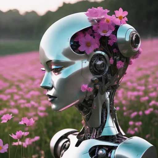 Prompt: Make me a futuristic female robot in a land full with flowers and gras