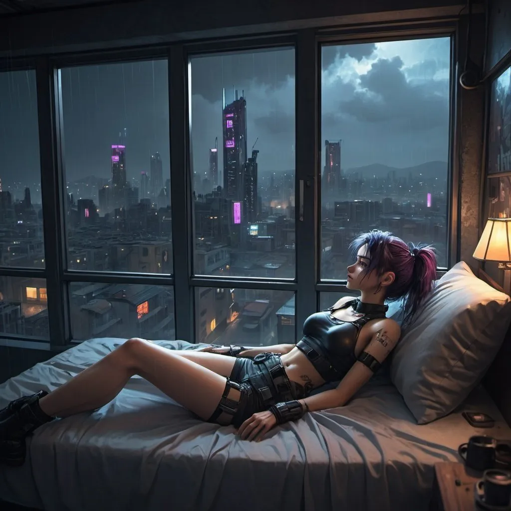 Prompt: a casually dressed cyberpunk girl is lying on the bed, the bed is next to the window, she is looking out the window, lying on her side, at the view of the city offered to her from the top floor, it's night and it's raining