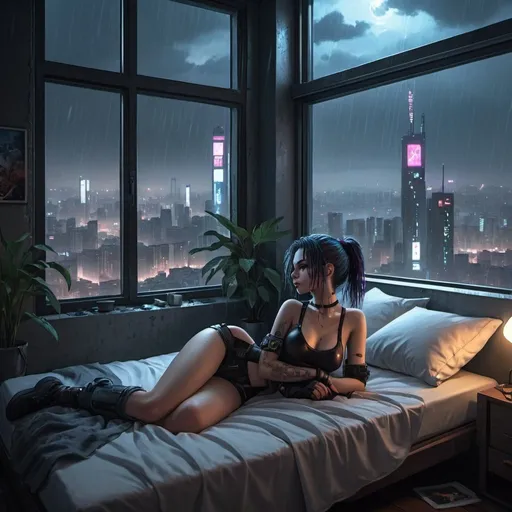 Prompt: a casually dressed cyberpunk girl is lying on the bed, the bed is next to the window, she is looking out the window, lying on her side, at the view of the city offered to her from the top floor, it's night and it's raining